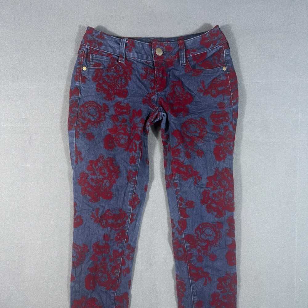 Decree Jeans Womens 3 Blue Red Super Skinny Flocked Floral Rose Denim Pants